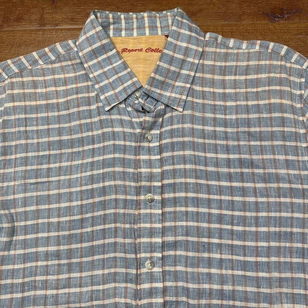 Robert Graham Button Up Shirt Mens L Blue Graph Plaid 100% Linen Long Sleeve